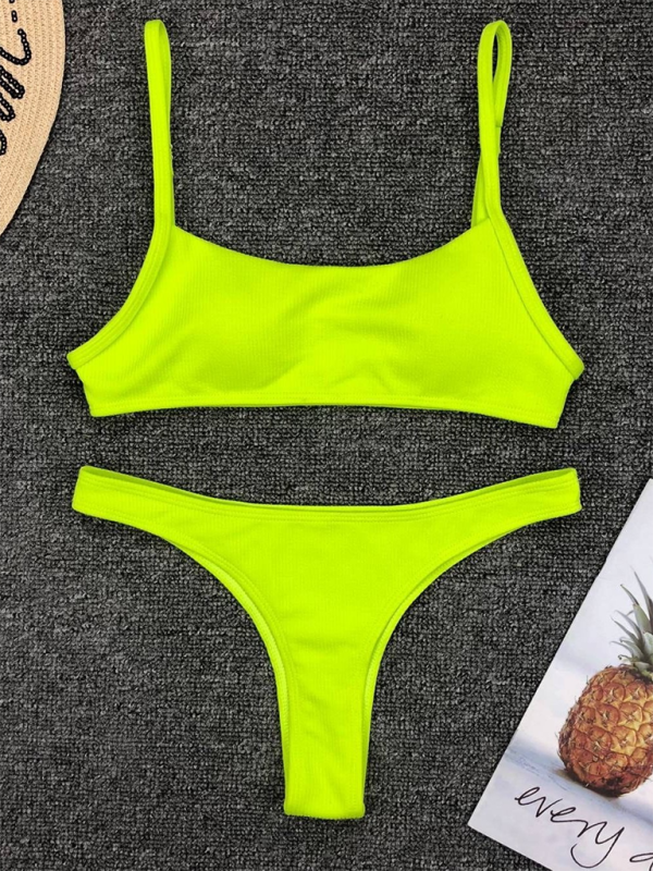 Swimwear- Women's Textured Swimwear with High-Cut Bikini & Sporty Bra- GreenYellow- Pekosa Women Fashion