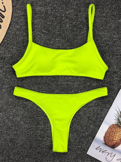 Swimwear- Women's Textured Swimwear with High-Cut Bikini & Sporty Bra- GreenYellow- Pekosa Women Fashion