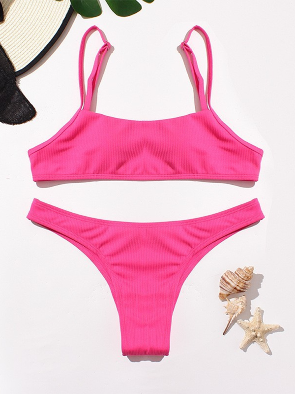 Swimwear- Women's Textured Swimwear with High-Cut Bikini & Sporty Bra- - Pekosa Women Fashion