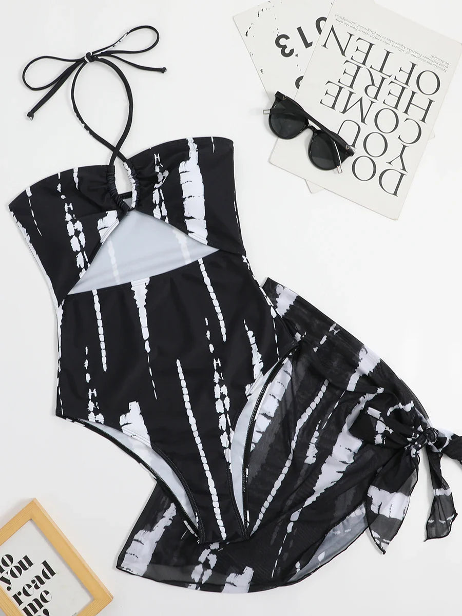 Swimwear- Women's Zebra Tie Dye One-Piece Swimsuit with Skirt Cover Up- - Pekosa Women Fashion