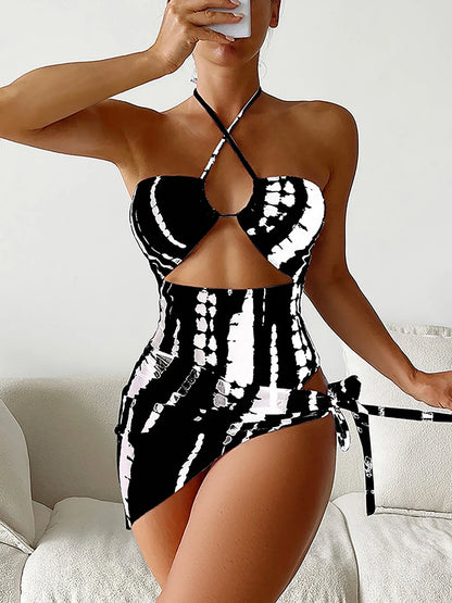 Swimwear- Women's Zebra Tie Dye One-Piece Swimsuit with Skirt Cover Up- Black- Pekosa Women Fashion