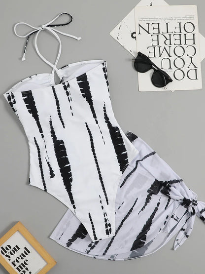 Swimwear- Women's Zebra Tie Dye One-Piece Swimsuit with Skirt Cover Up- - Pekosa Women Fashion