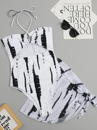 Swimwear- Women's Zebra Tie Dye One-Piece Swimsuit with Skirt Cover Up- - Pekosa Women Fashion