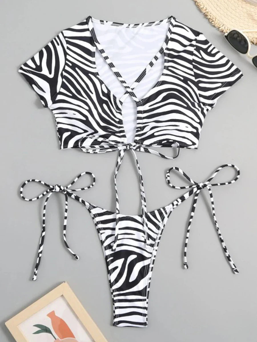 Swimwear- Zebra Print 2 Piece Swimwear with Cutout Top & String Bikini- - Pekosa Women Fashion