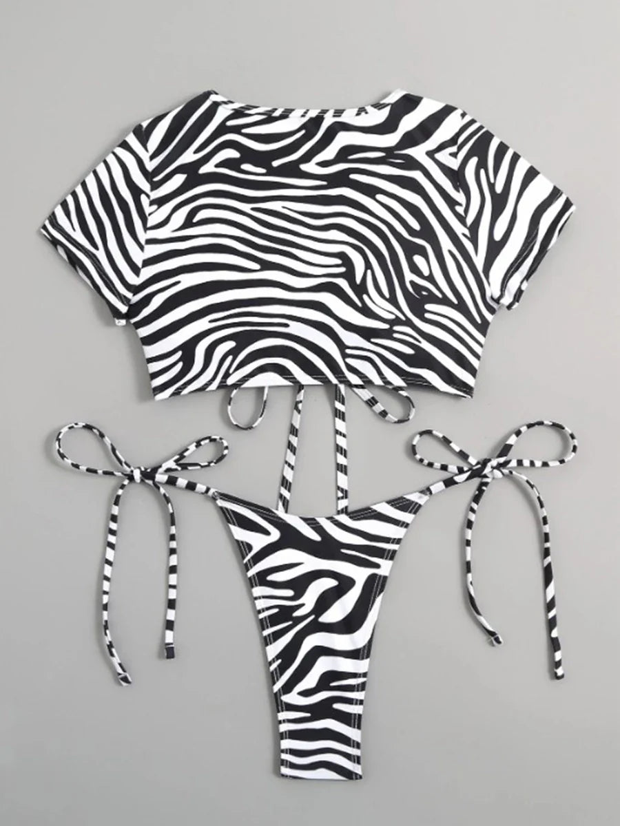 Swimwear- Zebra Print 2 Piece Swimwear with Cutout Top & String Bikini- - Pekosa Women Fashion