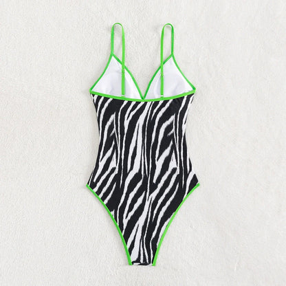 Swimwear- Zebra Print Plunging One-Piece Swimwear for Women with Vibrant Green Binding- - Pekosa Women Fashion