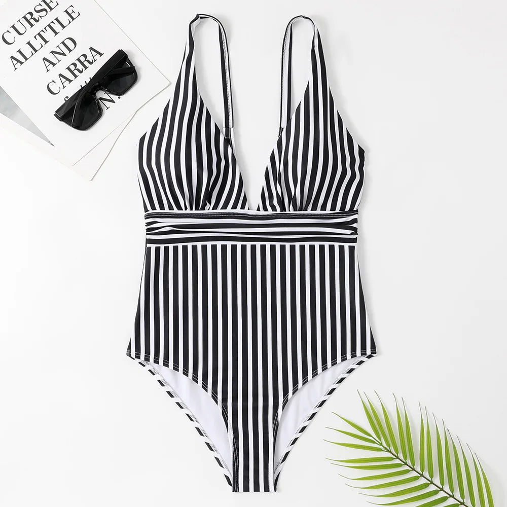 Swimwear- Zebra Stripe Wire-Free Plunge One-Piece Swimwear for Women- - Pekosa Women Fashion