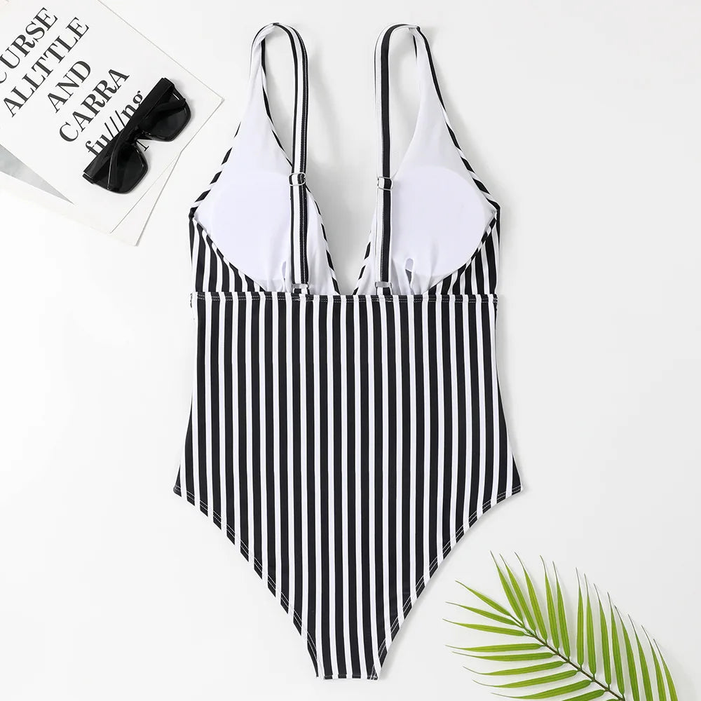 Swimwear- Zebra Stripe Wire-Free Plunge One-Piece Swimwear for Women- - Pekosa Women Fashion