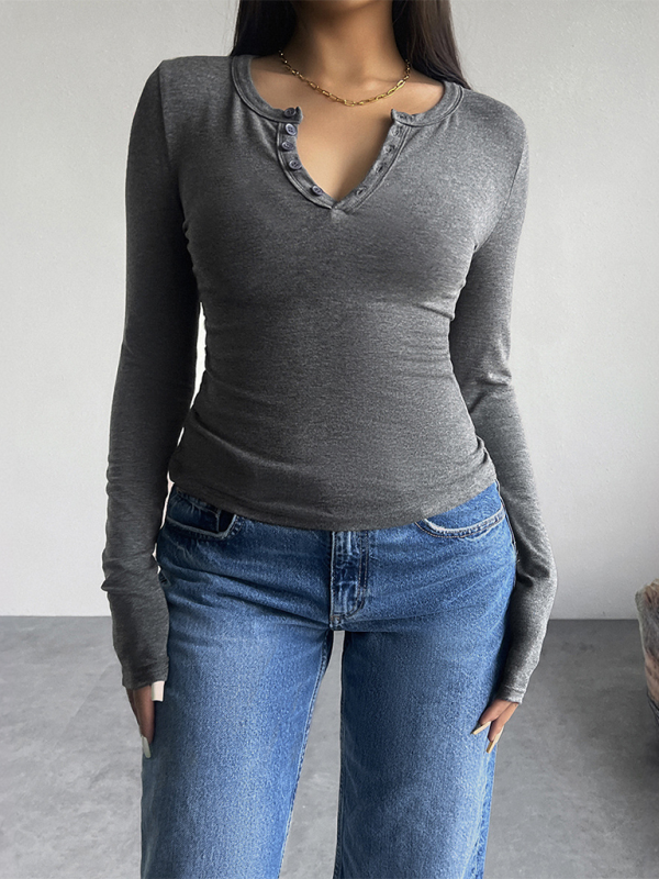 T-Shirts- Casual Henley-Style Top Fall T-Shirt for Women- - Pekosa Women Fashion