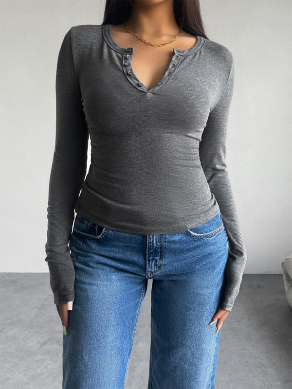 T-Shirts- Casual Henley-Style Top Fall T-Shirt for Women- - Pekosa Women Fashion