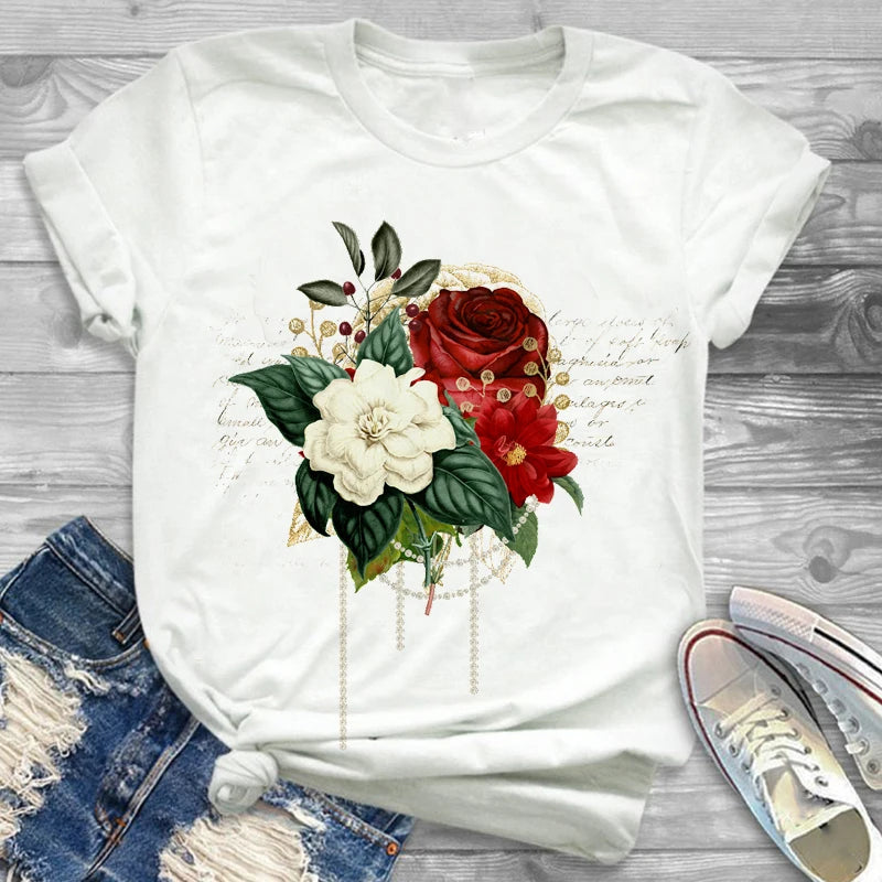 T-Shirts-Charming Floral Bouquet Print Tee Collection