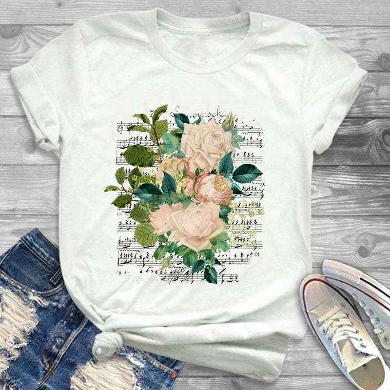 T-Shirts-Charming Floral Bouquet Print Tee Collection