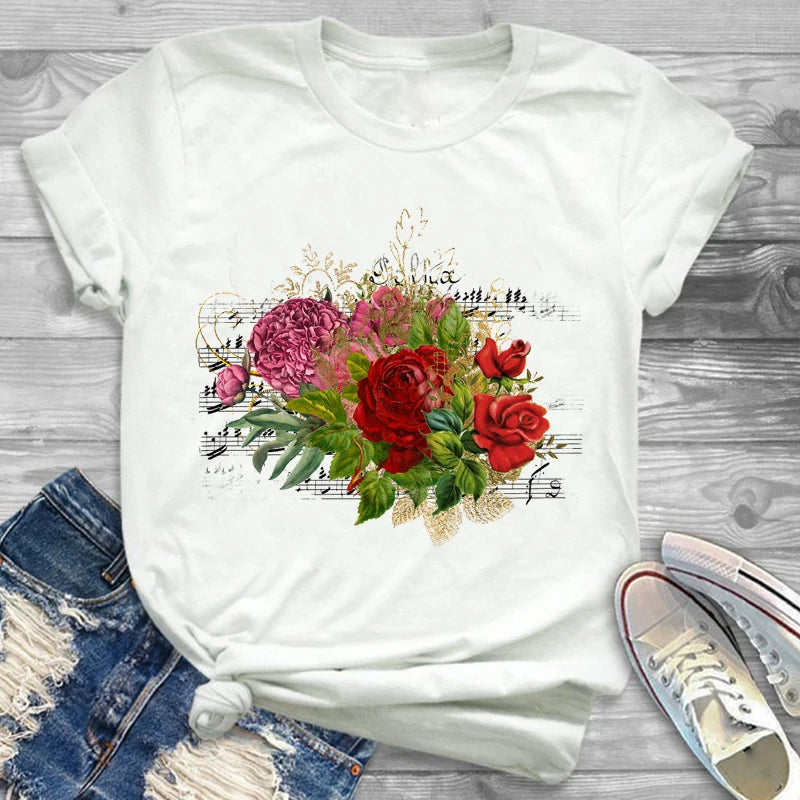 T-Shirts-Charming Floral Bouquet Print Tee Collection