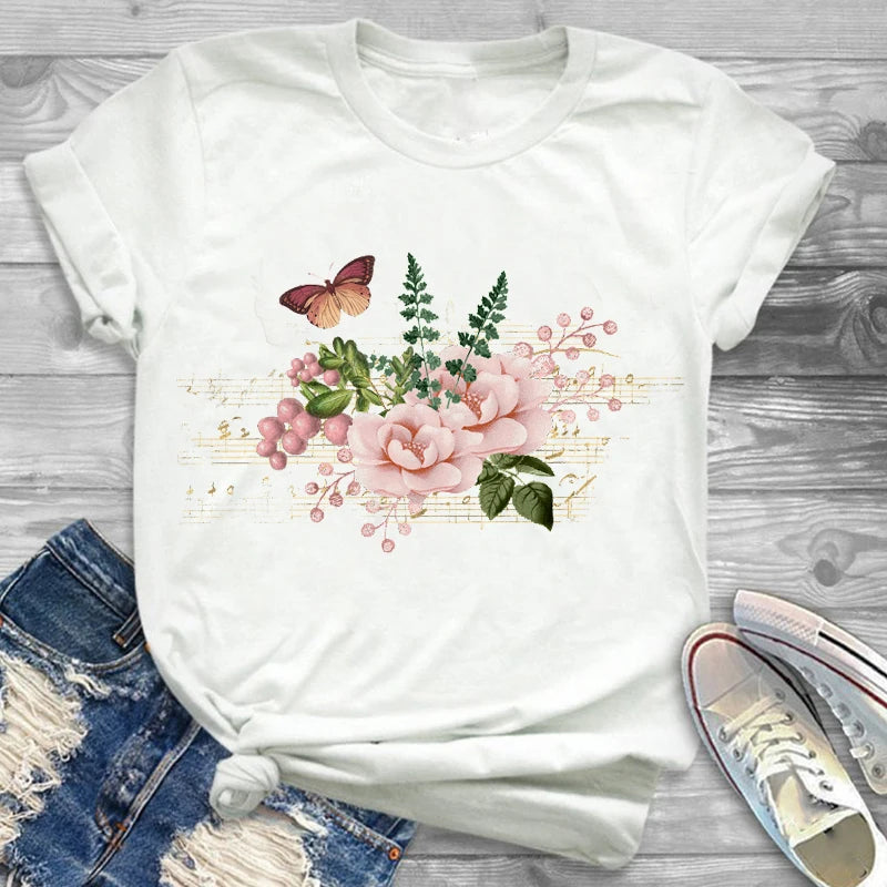 T-Shirts-Charming Floral Bouquet Print Tee Collection