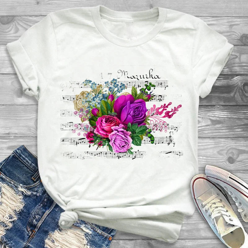 T-Shirts-Charming Floral Bouquet Print Tee Collection