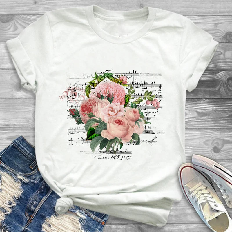 T-Shirts-Charming Floral Bouquet Print Tee Collection