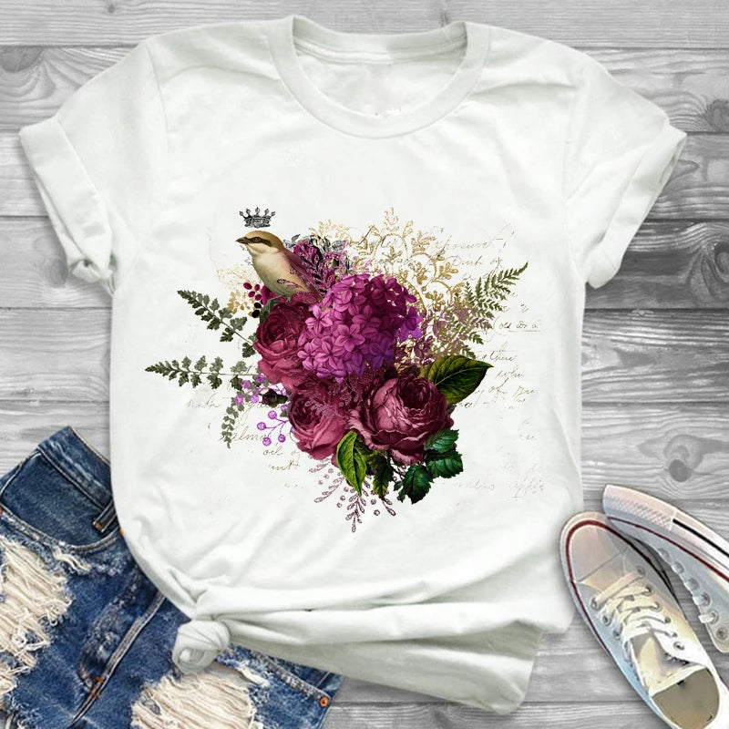 T-Shirts-Charming Floral Bouquet Print Tee Collection