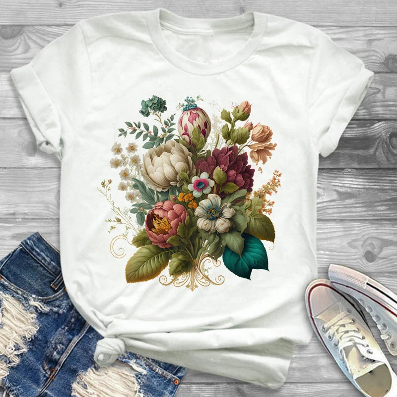 T-Shirts-Charming Floral Bouquet Print Tee Collection