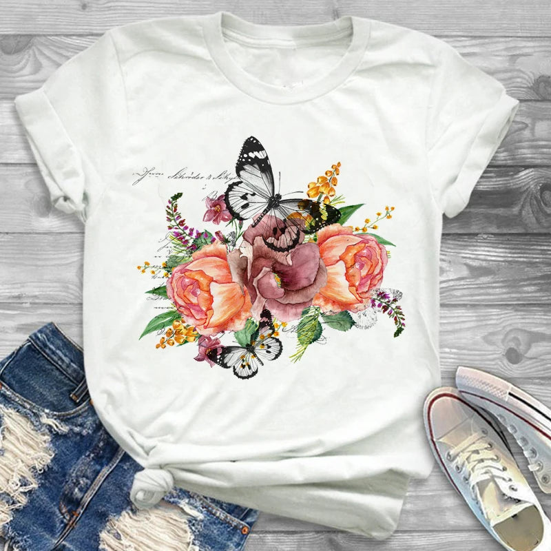 T-Shirts-Charming Floral Bouquet Print Tee Collection