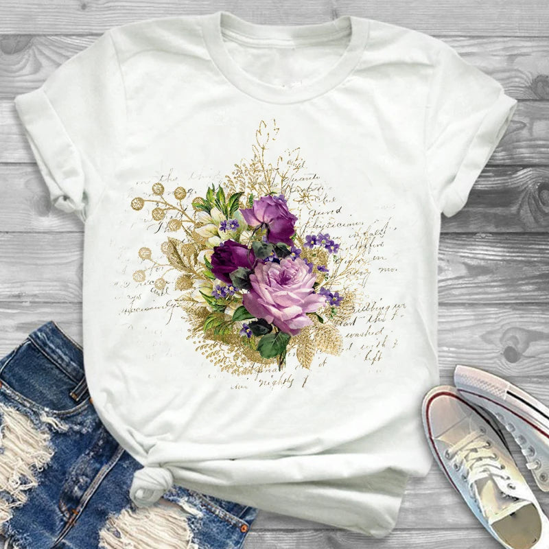 T-Shirts-Charming Floral Bouquet Print Tee Collection