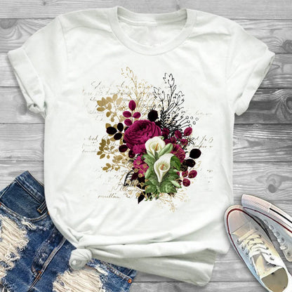 T-Shirts-Charming Floral Bouquet Print Tee Collection