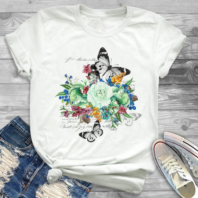 T-Shirts-Charming Floral Bouquet Print Tee Collection