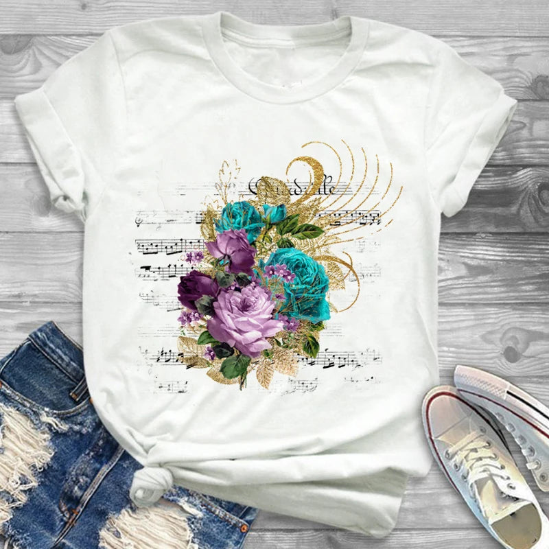 T-Shirts-Charming Floral Bouquet Print Tee Collection