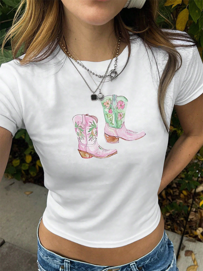 T-Shirt mit Blumenmuster und Cowboystiefeln - Grafik-T-Shirt