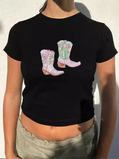 T-Shirt mit Blumenmuster und Cowboystiefeln - Grafik-T-Shirt