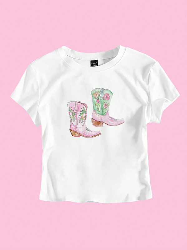 T-Shirt mit Blumenmuster und Cowboystiefeln - Grafik-T-Shirt