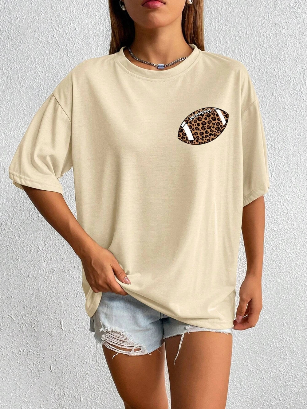 T-Shirts- Game Day Oversized Leopard Football T-Shirt for Women- - Chuzko Women Clothing