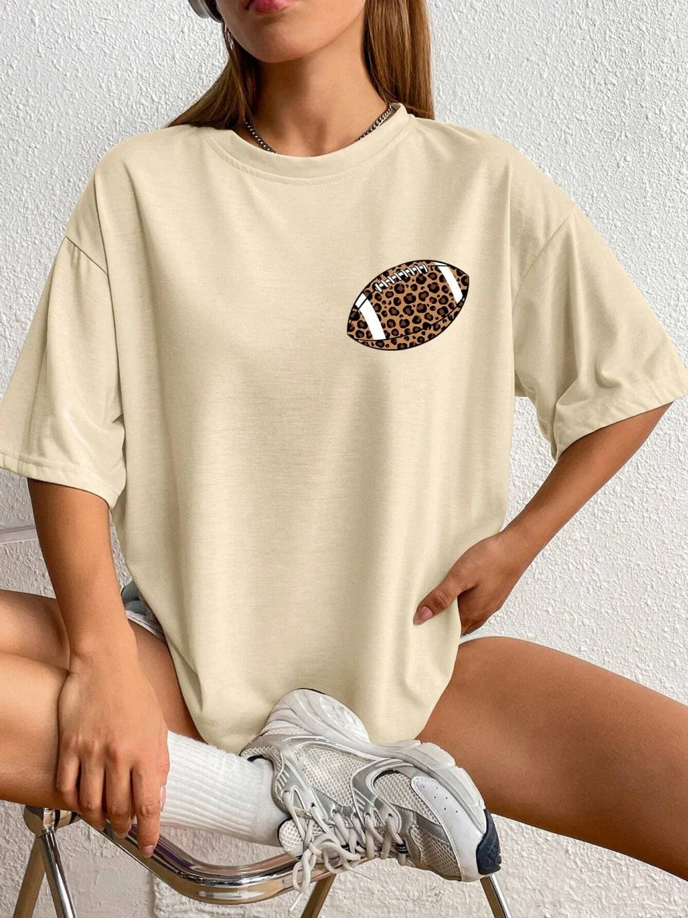 T-Shirts- Game Day Oversized Leopard Football T-Shirt for Women- - Chuzko Women Clothing