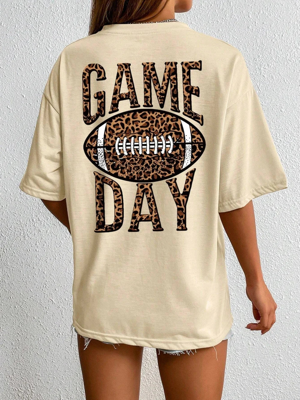 T-Shirts- Game Day Oversized Leopard Football T-Shirt for Women- Khaki- Chuzko Women Clothing