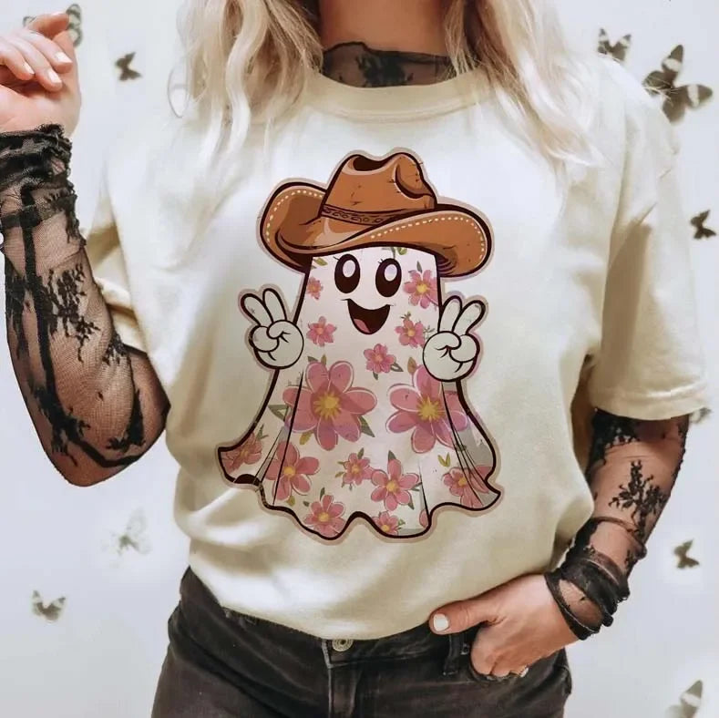 T-Shirts-Halloween Floral Cowboy Ghost T-Shirt