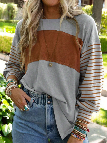 T-Shirts - Lantern Sleeve Striped Pullover Relaxed Tee