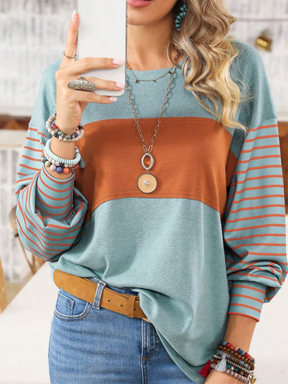 T-Shirts - Lantern Sleeve Striped Pullover Relaxed Tee