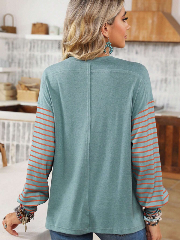 T-Shirts - Lantern Sleeve Striped Pullover Relaxed Tee