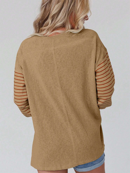 T-Shirts - Lantern Sleeve Striped Pullover Relaxed Tee