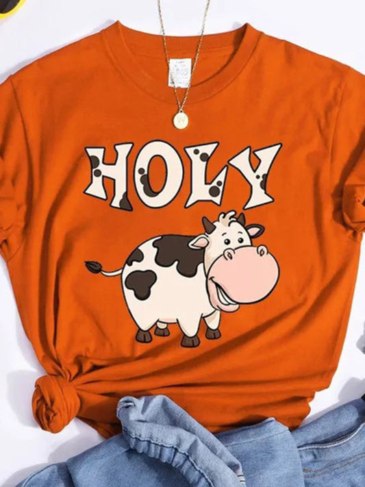 T-Shirts - Orange Holy Cow Tee - Women's Casual Graphic T-Shirt