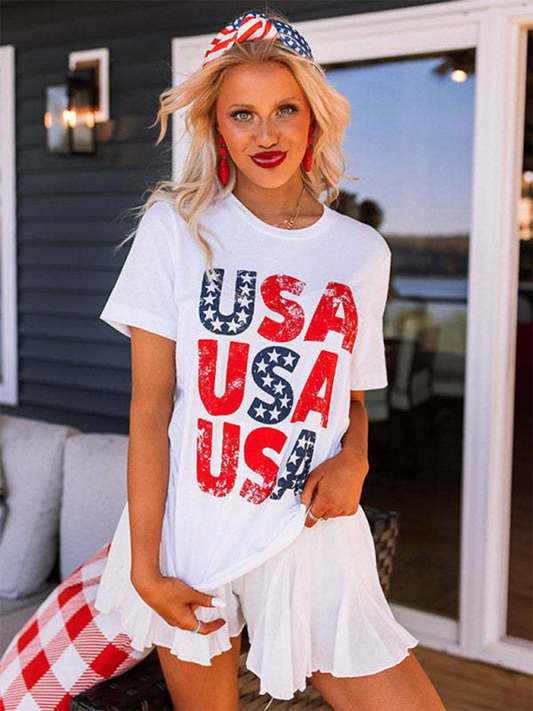 T-Shirts- Patriotic USA Flag Print Women's T-Shirt- White- Pekosa Women Fashion