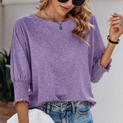 T-Shirts- Solid Round-Neck Tops with 3/4 Sleeves- - Chuzko Women Clothing