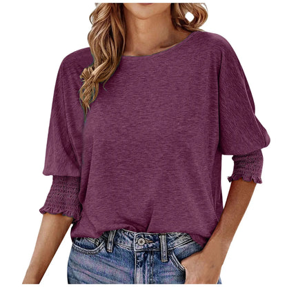 T-Shirts- Solid Round-Neck Tops with 3/4 Sleeves- - Chuzko Women Clothing