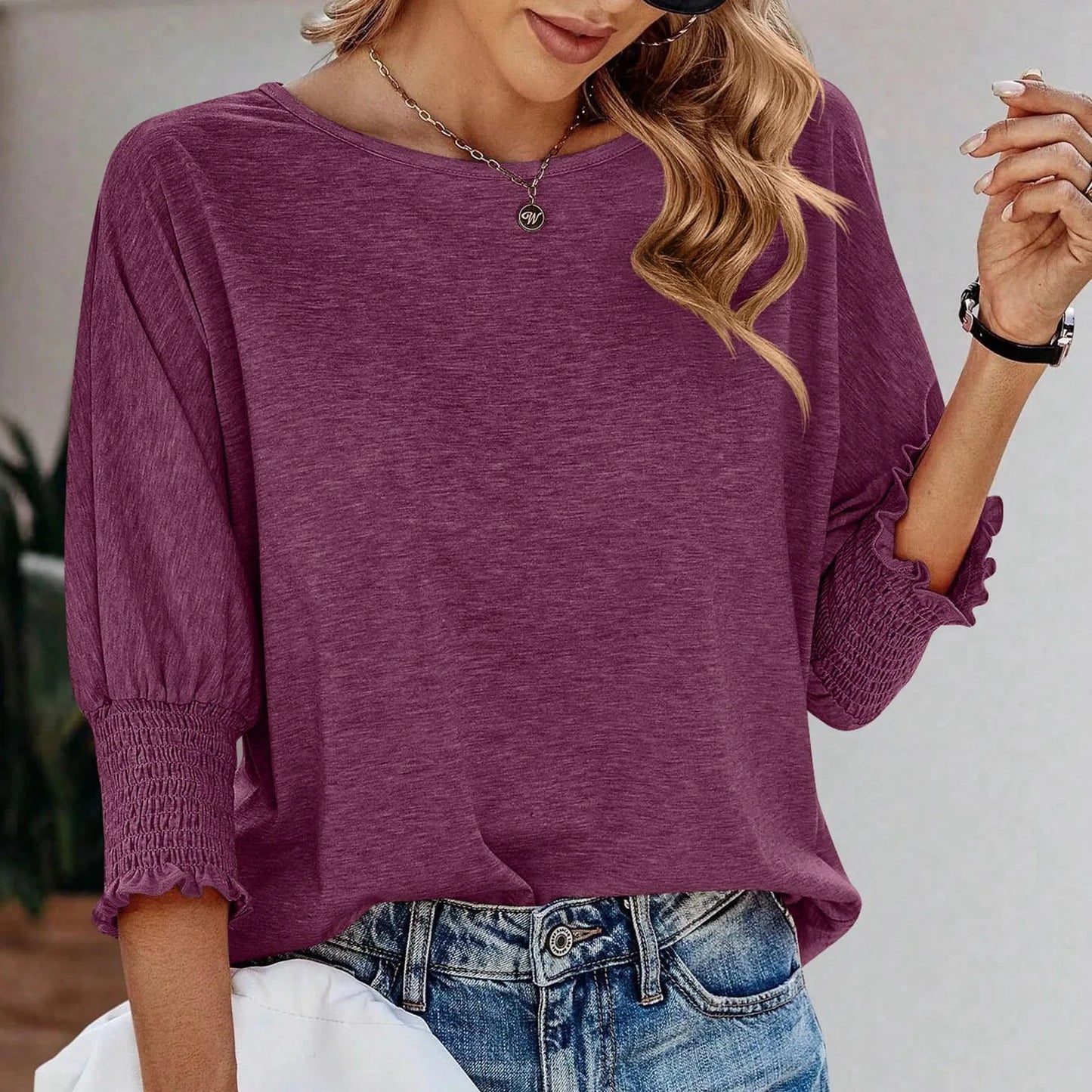 T-Shirts- Solid Round-Neck Tops with 3/4 Sleeves- Old Mauve- Chuzko Women Clothing