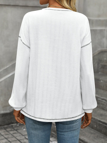 T-Shirts - Textured Long Sleeve Pullover Contrast Trim T-Shirt