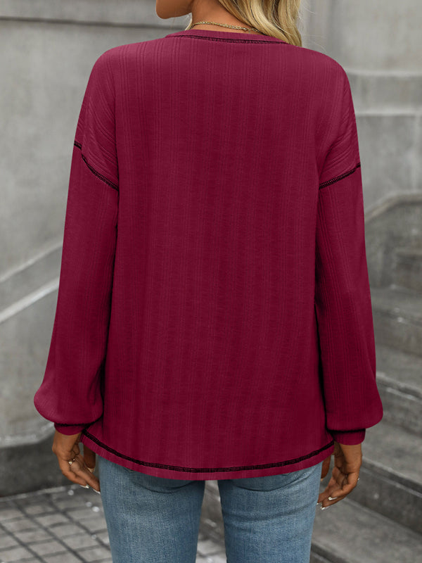 T-Shirts - Textured Long Sleeve Pullover Contrast Trim T-Shirt