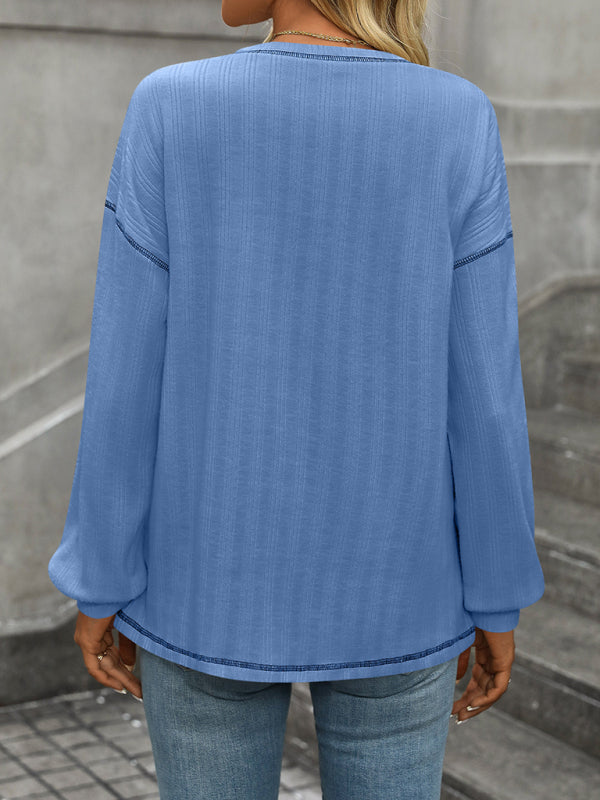 T-Shirts - Textured Long Sleeve Pullover Contrast Trim T-Shirt