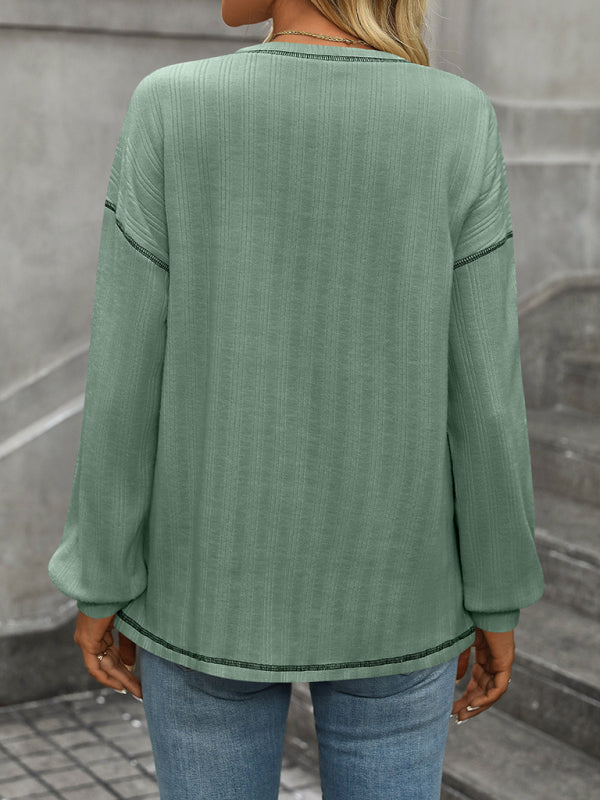 T-Shirts - Textured Long Sleeve Pullover Contrast Trim T-Shirt