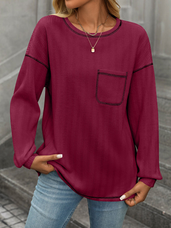 T-Shirts - Textured Long Sleeve Pullover Contrast Trim T-Shirt