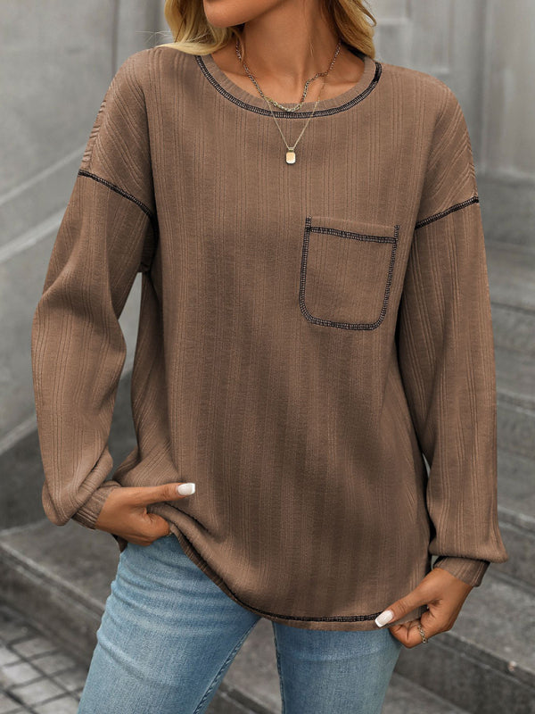 T-Shirts - Textured Long Sleeve Pullover Contrast Trim T-Shirt