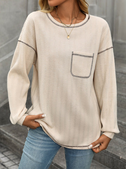 T-Shirts - Textured Long Sleeve Pullover Contrast Trim T-Shirt